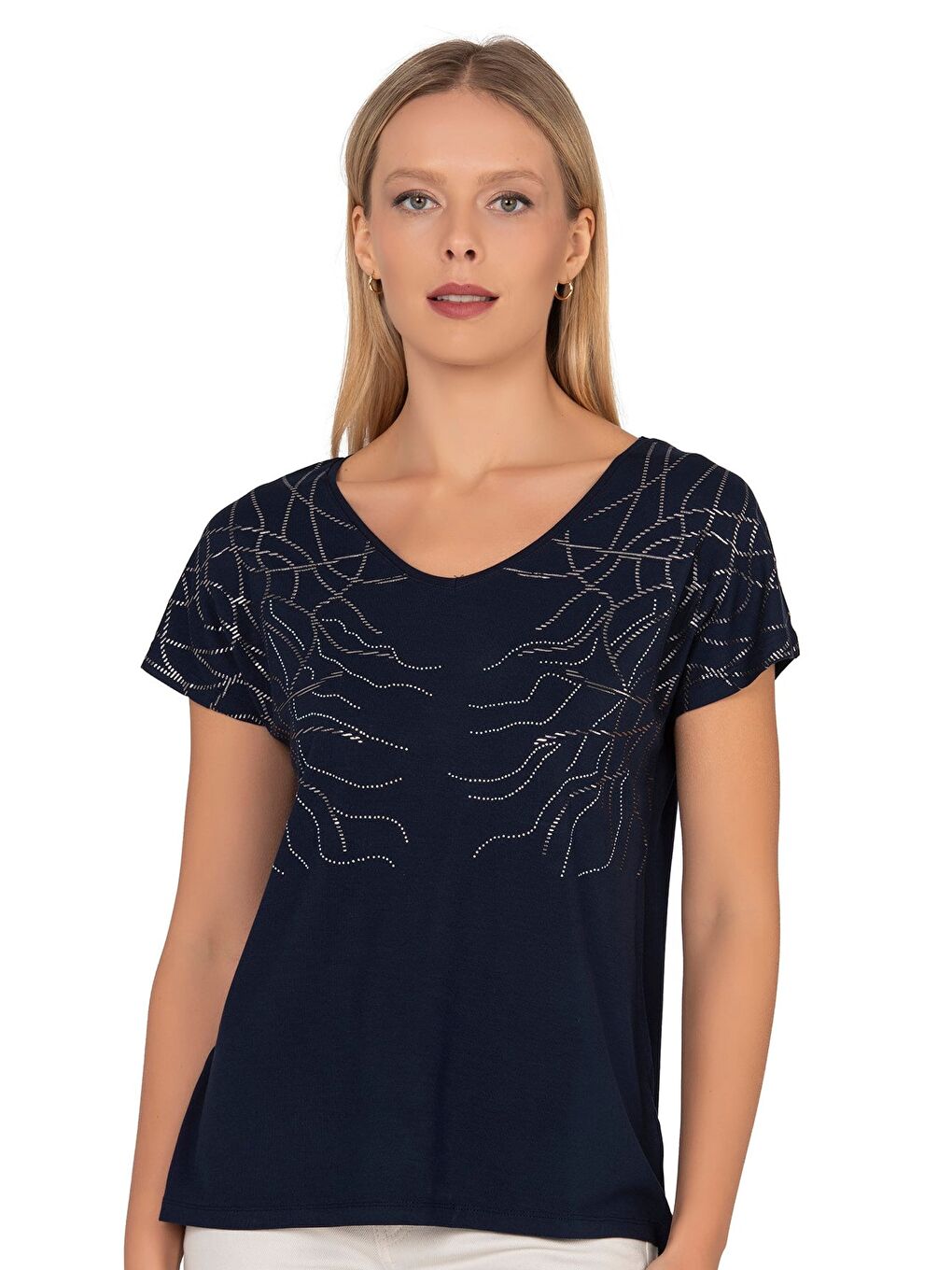 Kadın Kısa Kol Taş Süslemeli Viskon Bluz | Lacivert 25908