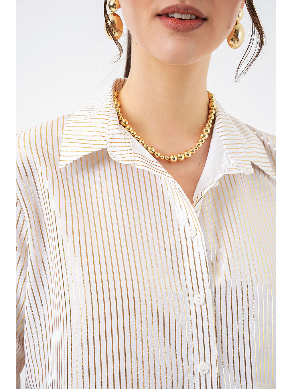 Sarı Kadın Varak Desenli Gömlek 20253 - Altın-3