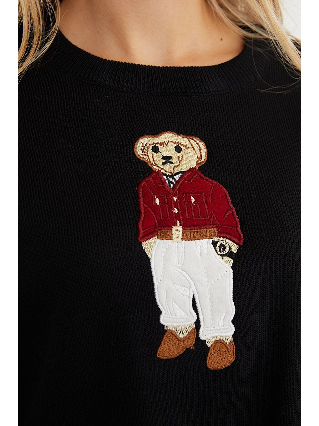 Siyah Ayıcık Nakışlı Oversize Crop Kazak-4