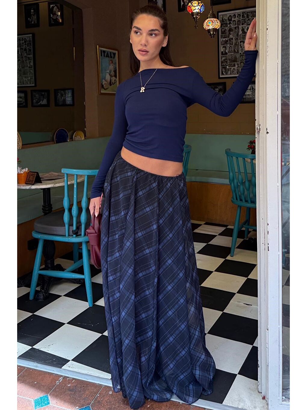 Lacivert Ekose Desenli Vintage Şifon Maxi Etek Mg2776