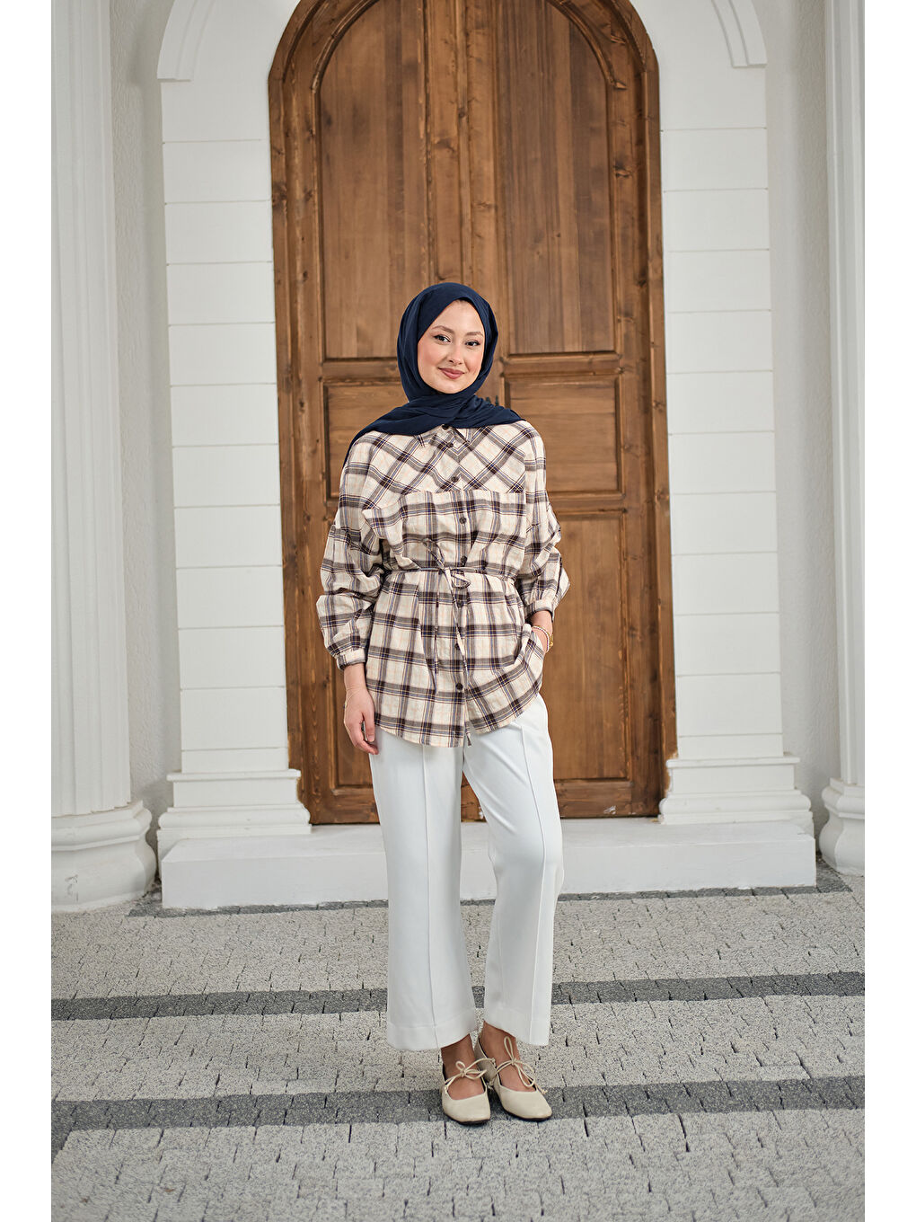 Kadın Ekose Desen Bel Bağlamalı Gömlek Siyah-2