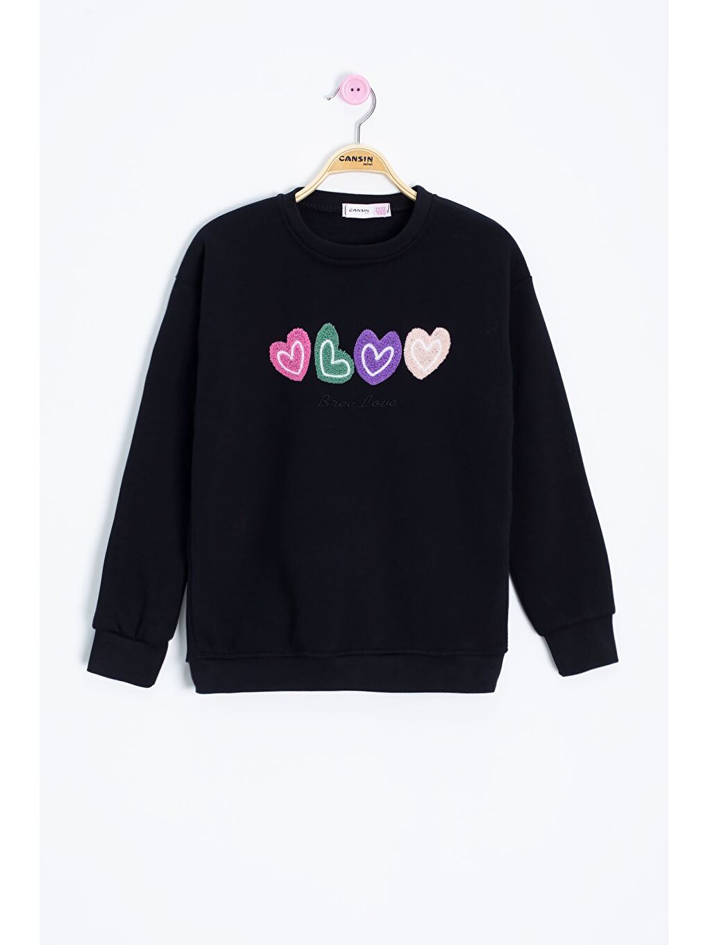 Siyah Kalp Nakışlı Bisiklet Yaka Kız Çocuk Şardonlu Sweatshirt 23250