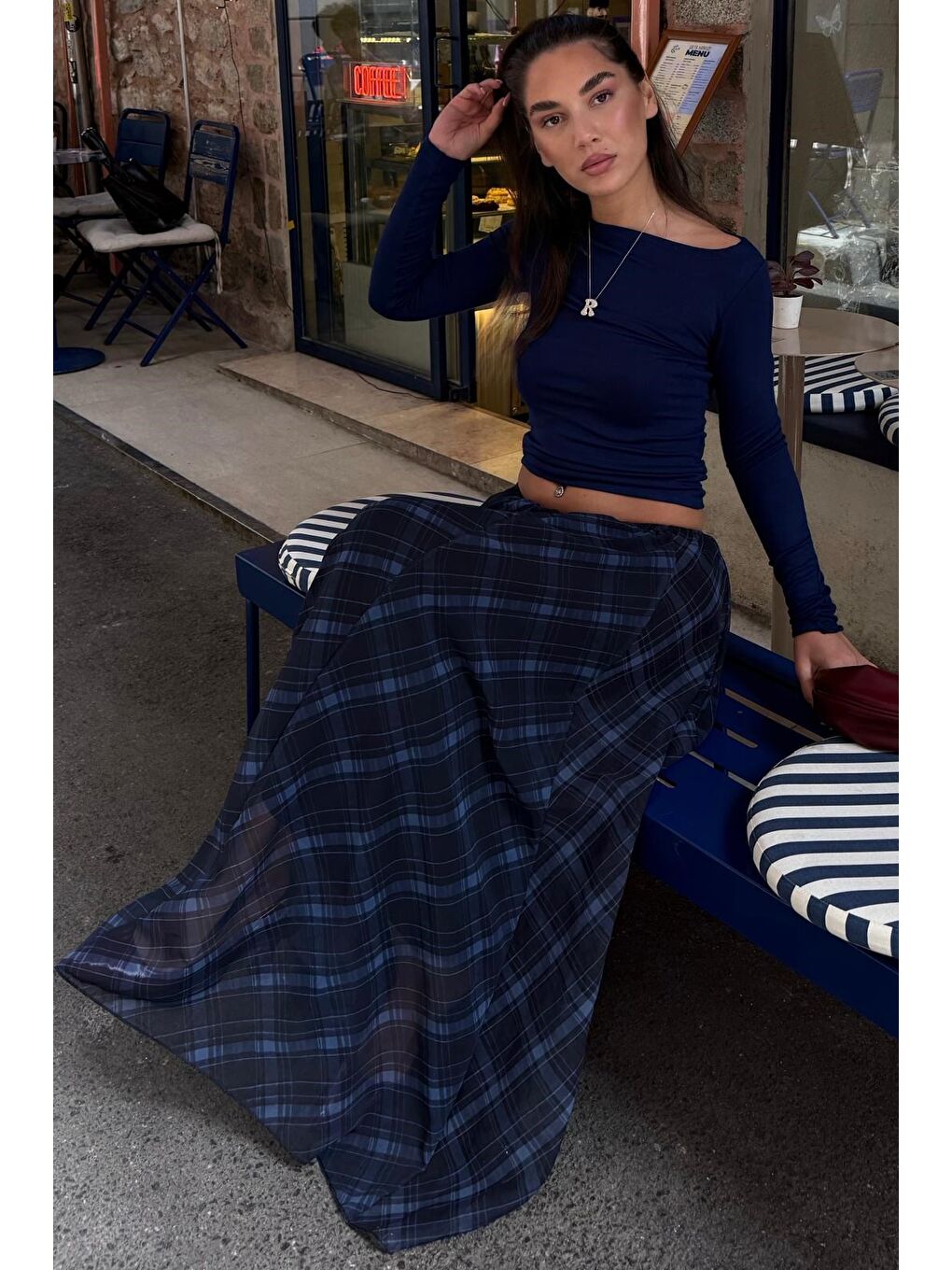 Lacivert Ekose Desenli Vintage Şifon Maxi Etek Mg2776-1