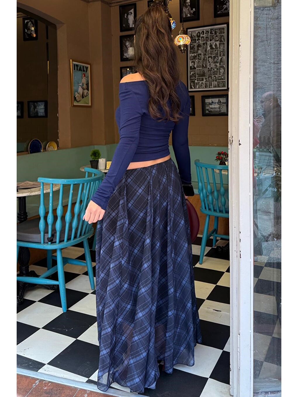 Lacivert Ekose Desenli Vintage Şifon Maxi Etek Mg2776-2