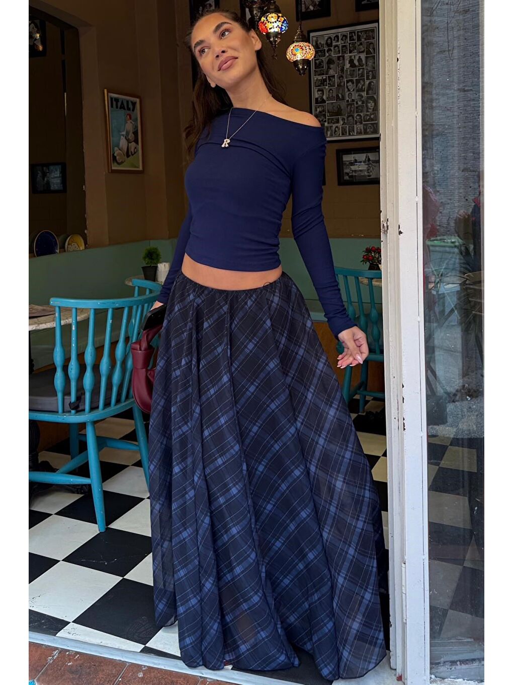 Lacivert Ekose Desenli Vintage Şifon Maxi Etek Mg2776-3