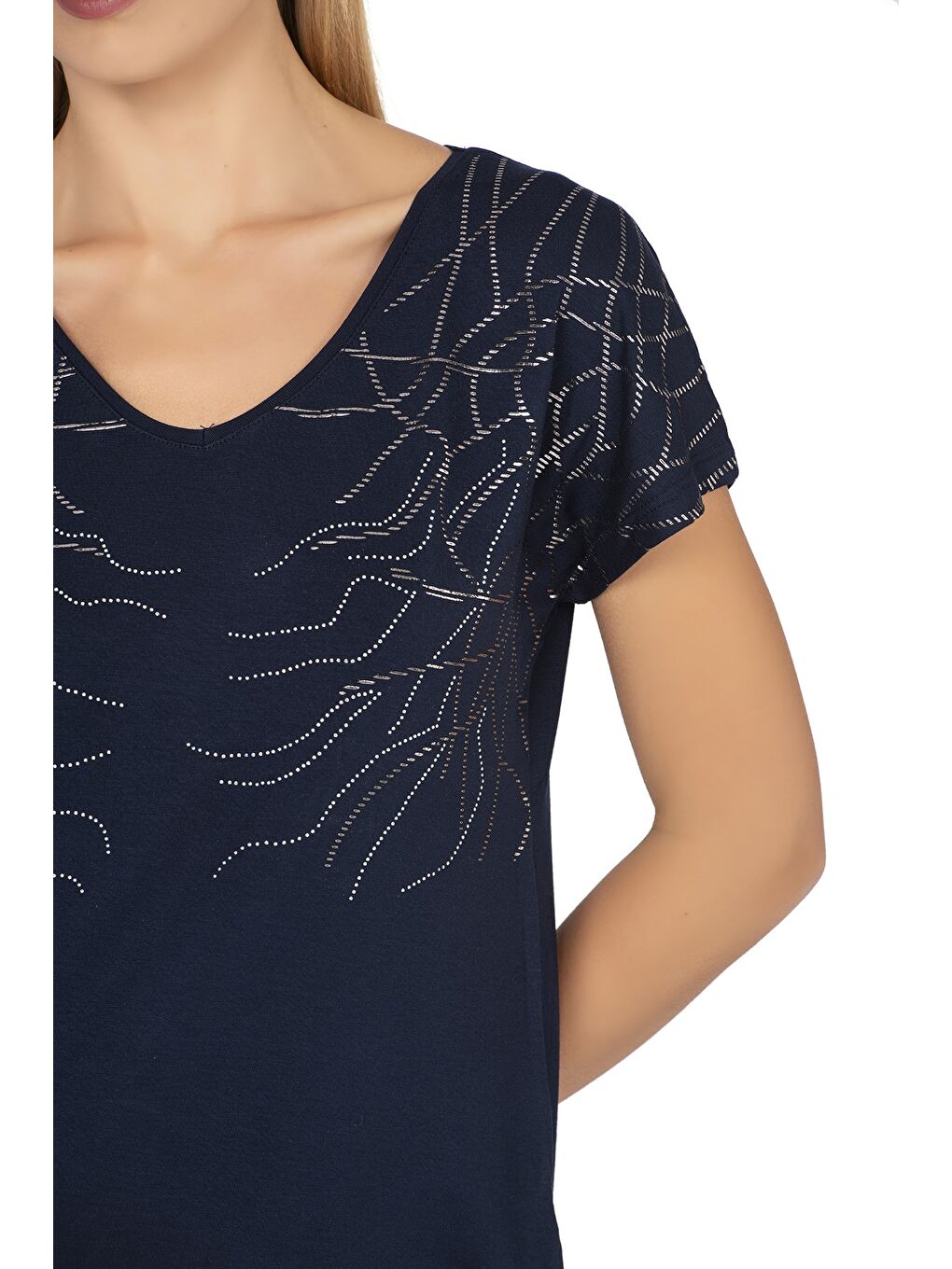 Kadın Kısa Kol Taş Süslemeli Viskon Bluz | Lacivert 25908-1