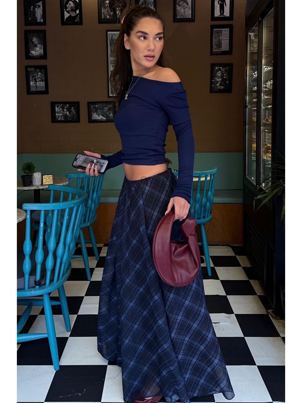 Lacivert Ekose Desenli Vintage Şifon Maxi Etek Mg2776-4