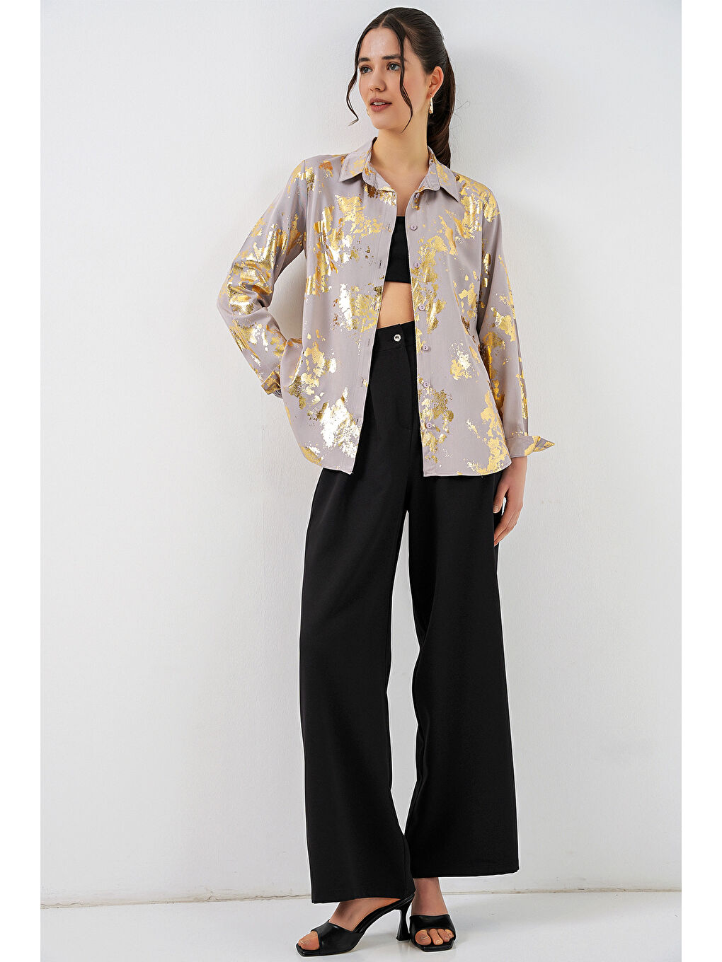 Kadın Varak Desenli Gömlek 20253 - Altın Sarısı-1