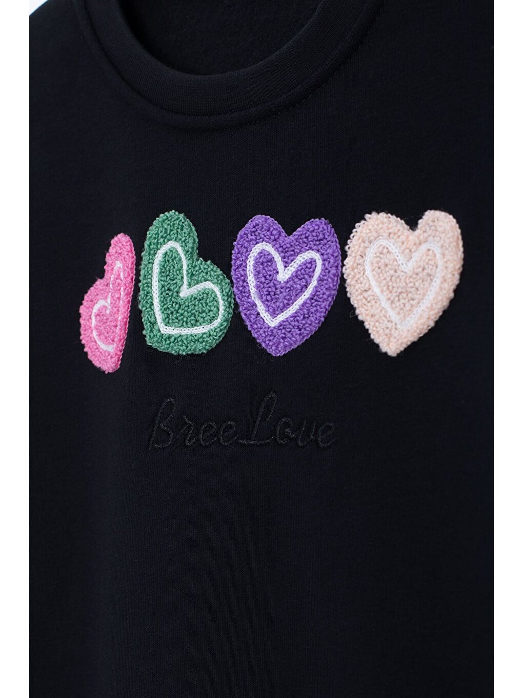 Siyah Kalp Nakışlı Bisiklet Yaka Kız Çocuk Şardonlu Sweatshirt 23250-1