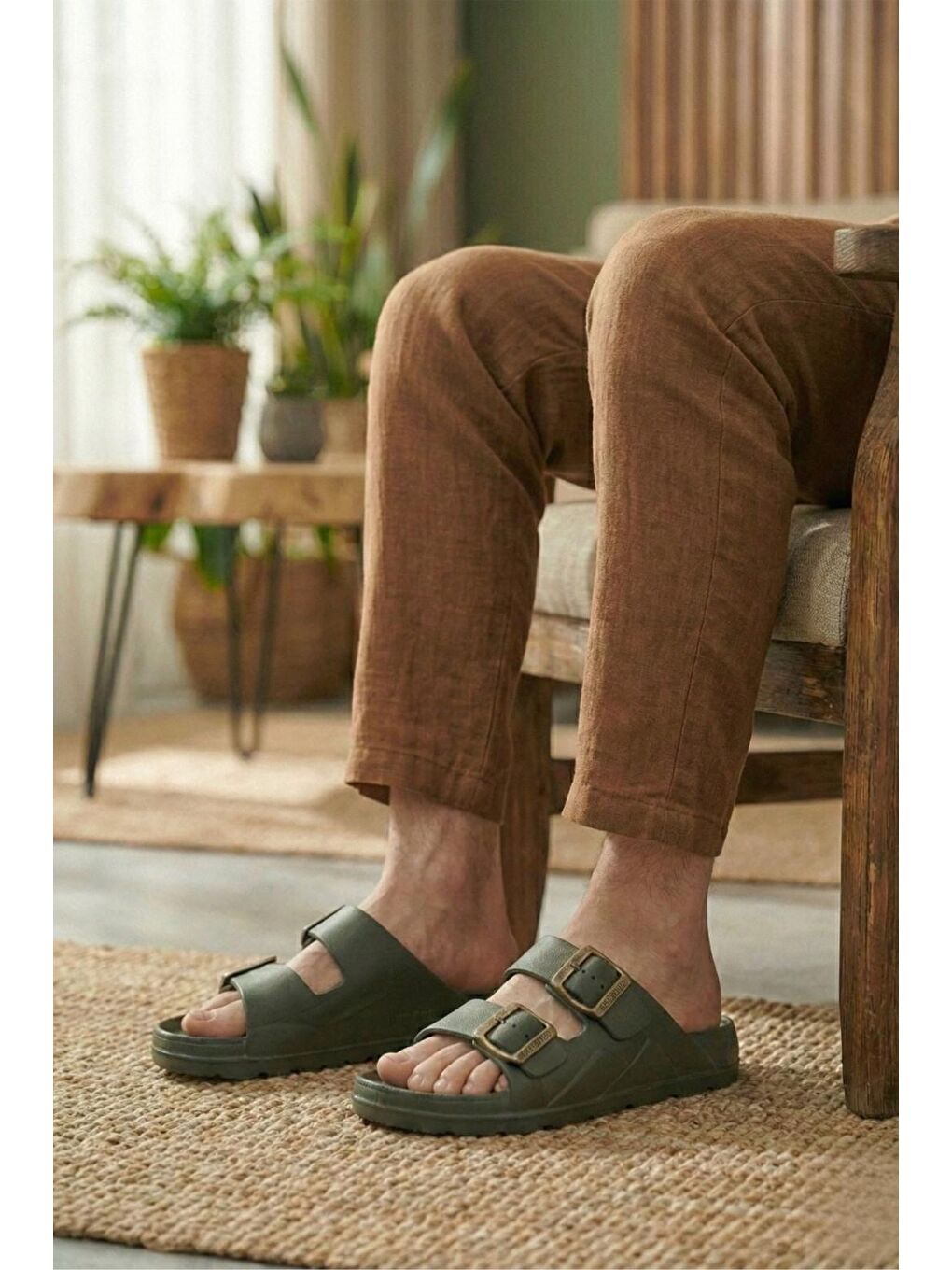 Yeşil Polley Erkek Çift Eskitme Tokalı Anatomik Tabanlı Günlük ve Plaj Terliği - Suya Dayanıklı Konfor Mod-3