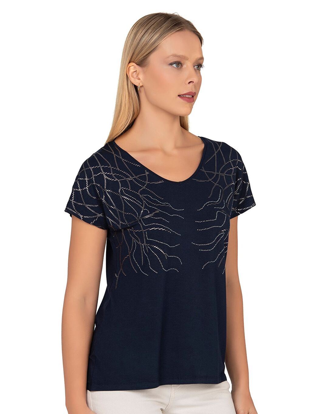 Kadın Kısa Kol Taş Süslemeli Viskon Bluz | Lacivert 25908-2