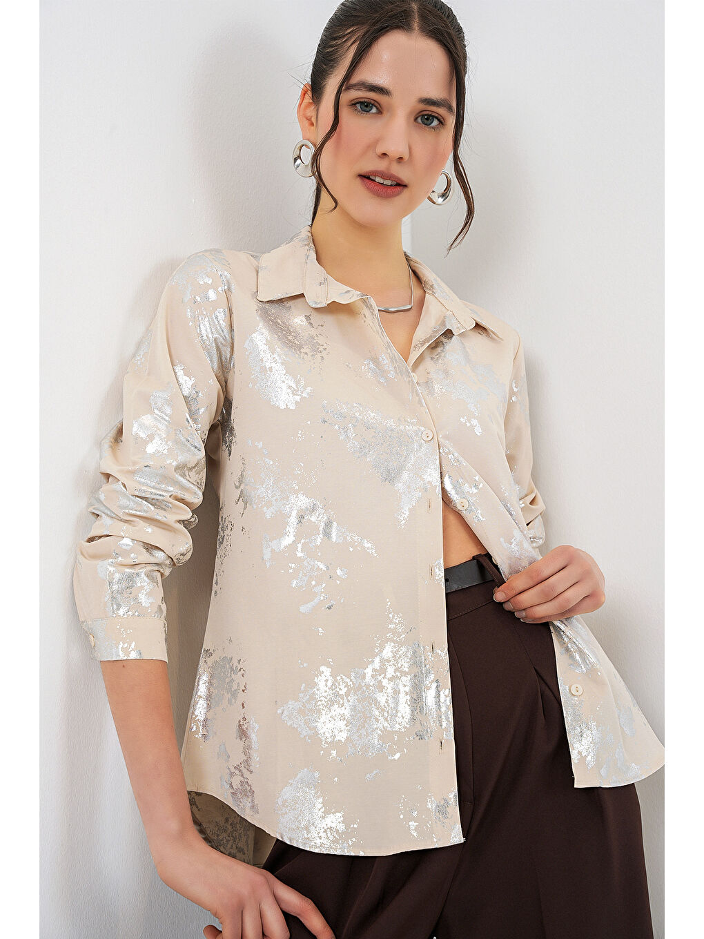 Ekru Kadın Varak Desenli Gömlek 20253 - A.KREM