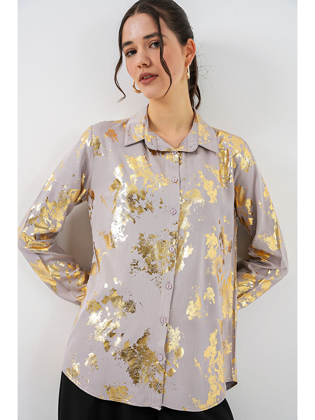 Kadın Varak Desenli Gömlek 20253 - Altın Sarısı-2