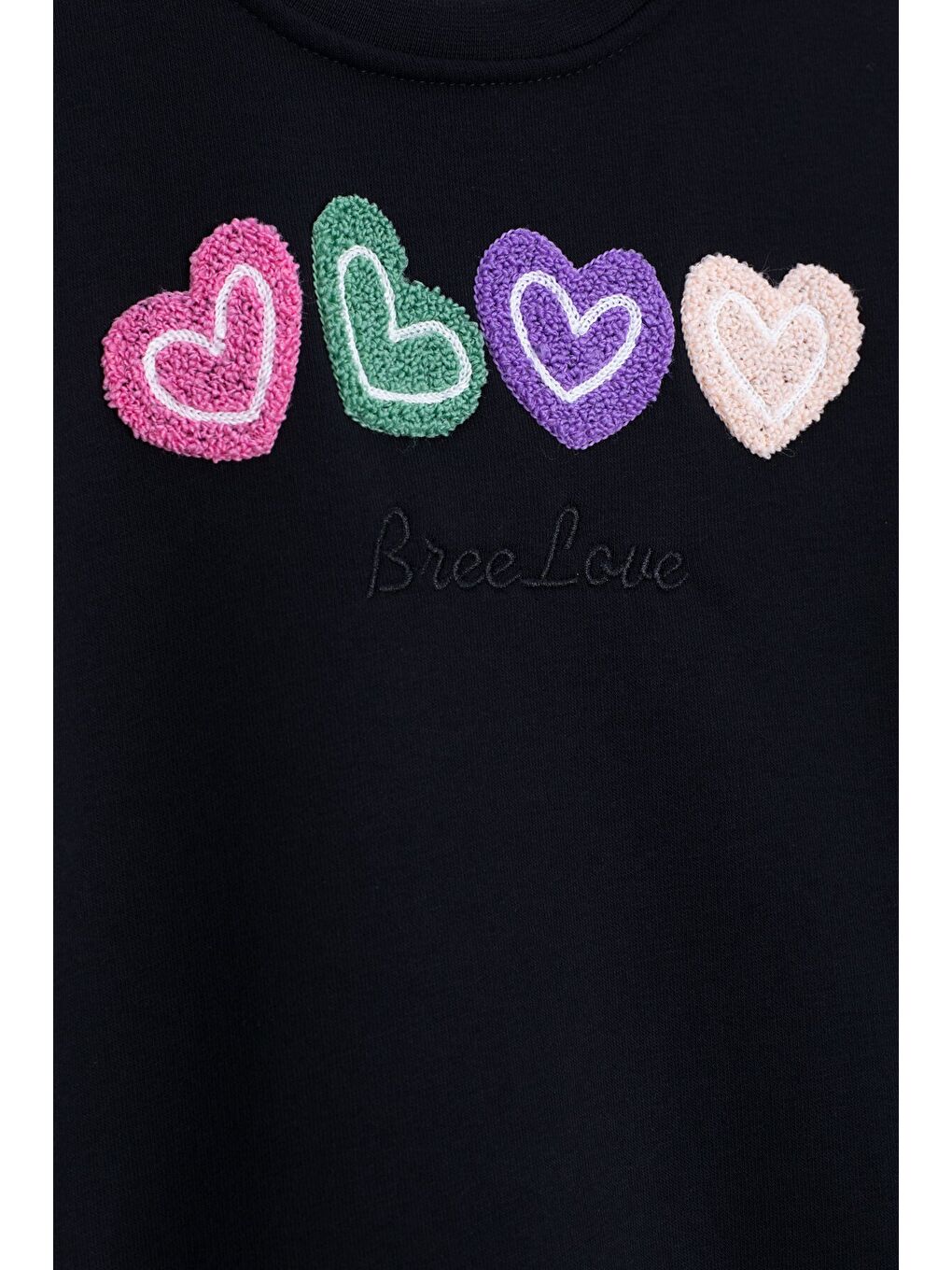 Siyah Kalp Nakışlı Bisiklet Yaka Kız Çocuk Şardonlu Sweatshirt 23250-2