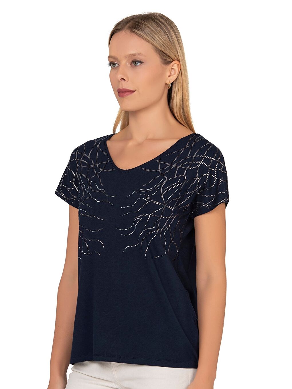 Kadın Kısa Kol Taş Süslemeli Viskon Bluz | Lacivert 25908-3