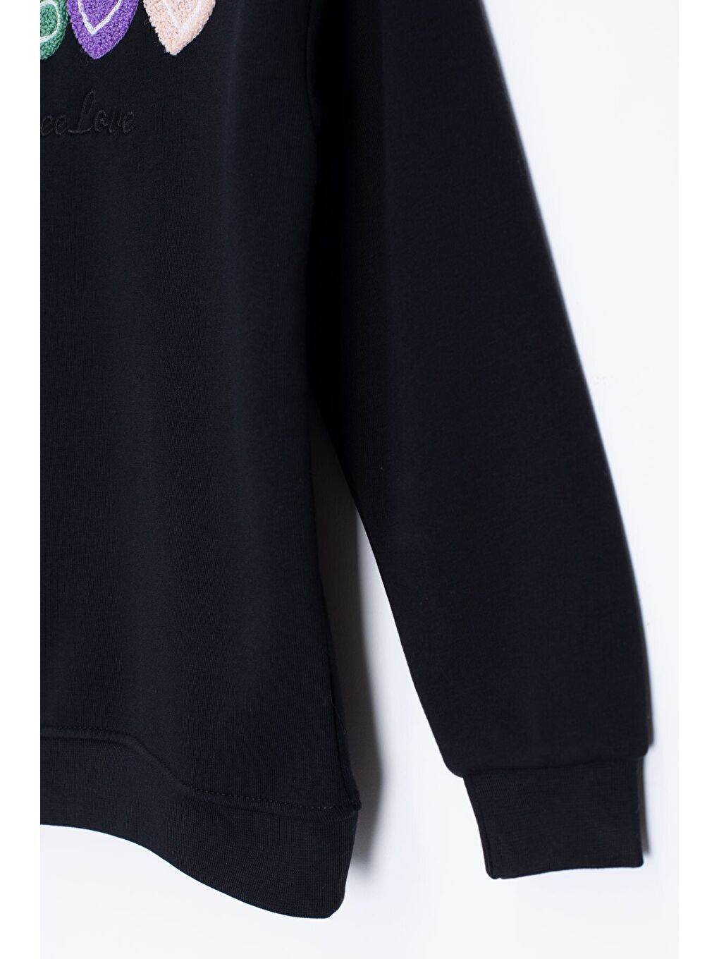 Siyah Kalp Nakışlı Bisiklet Yaka Kız Çocuk Şardonlu Sweatshirt 23250-3