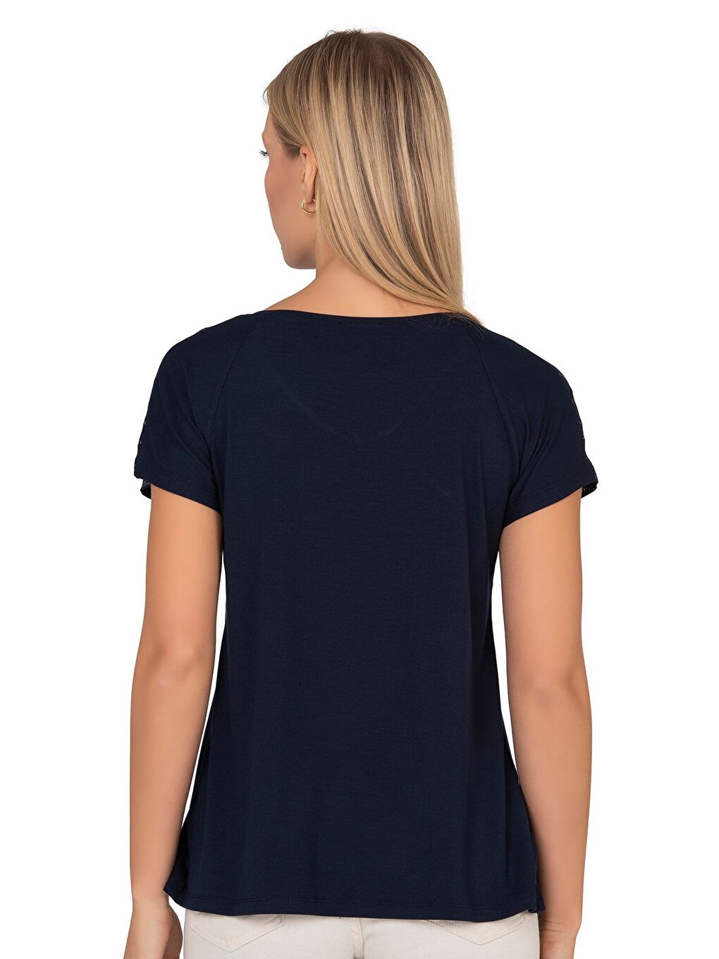 Kadın Kısa Kol Taş Süslemeli Viskon Bluz | Lacivert 25908-4