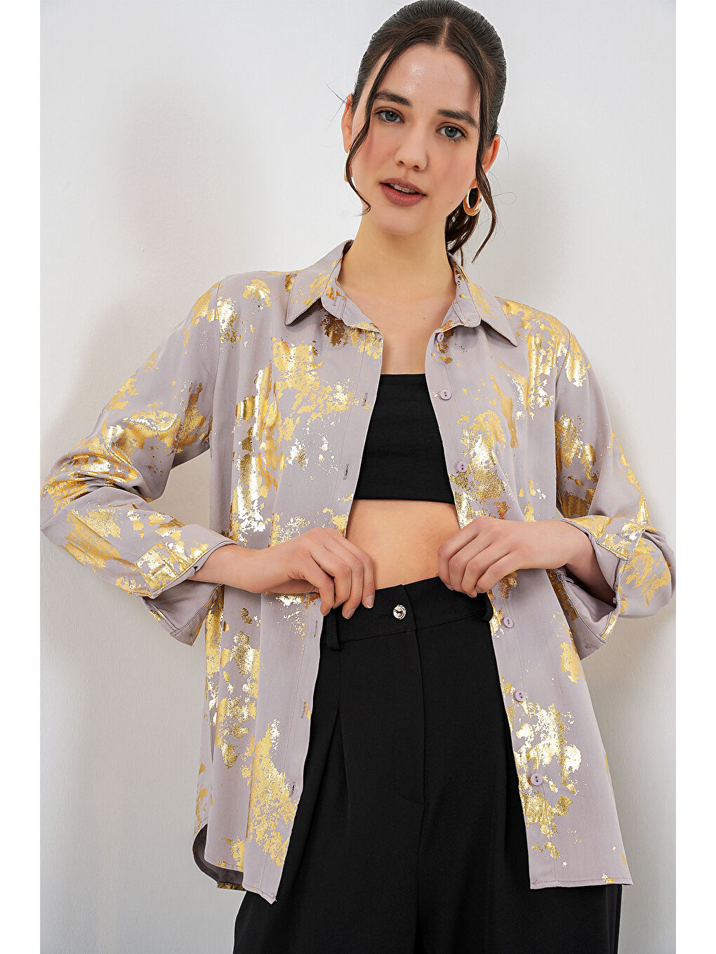 Kadın Varak Desenli Gömlek 20253 - Altın Sarısı-3