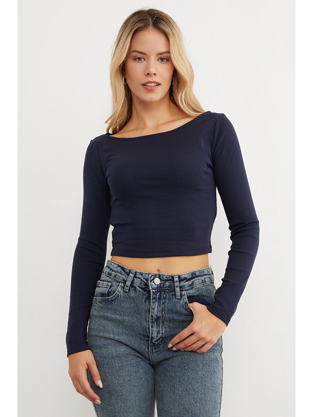 Lacivert Basic Kayık Yaka Modal Bluz