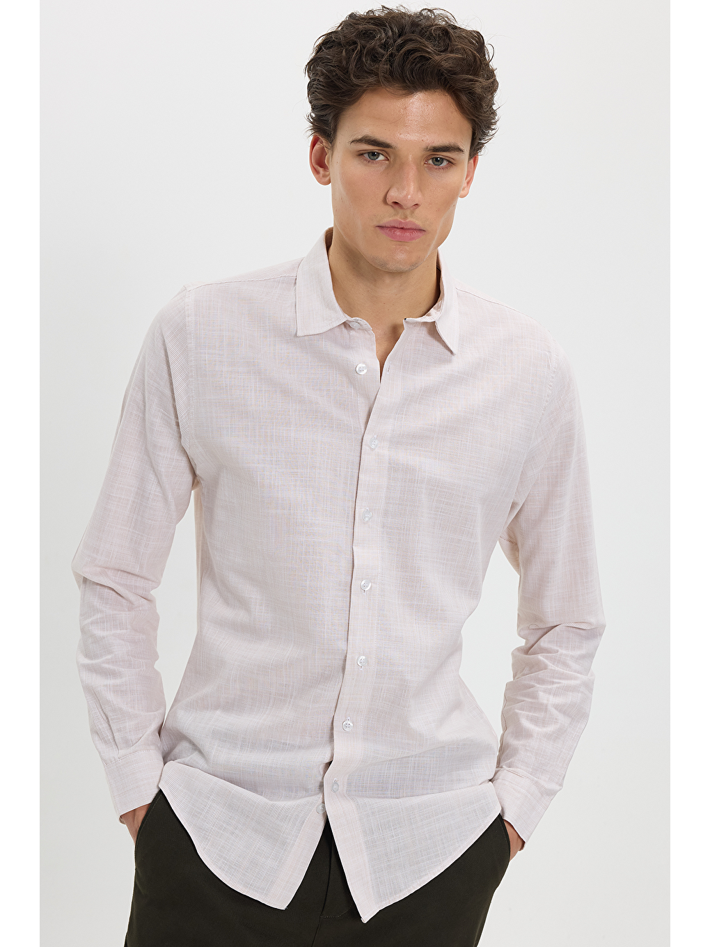 Erkek Slim Fit Dar Kesim %100 Pamuk Uzun Kollu Keten Efektli Bej Gömlek