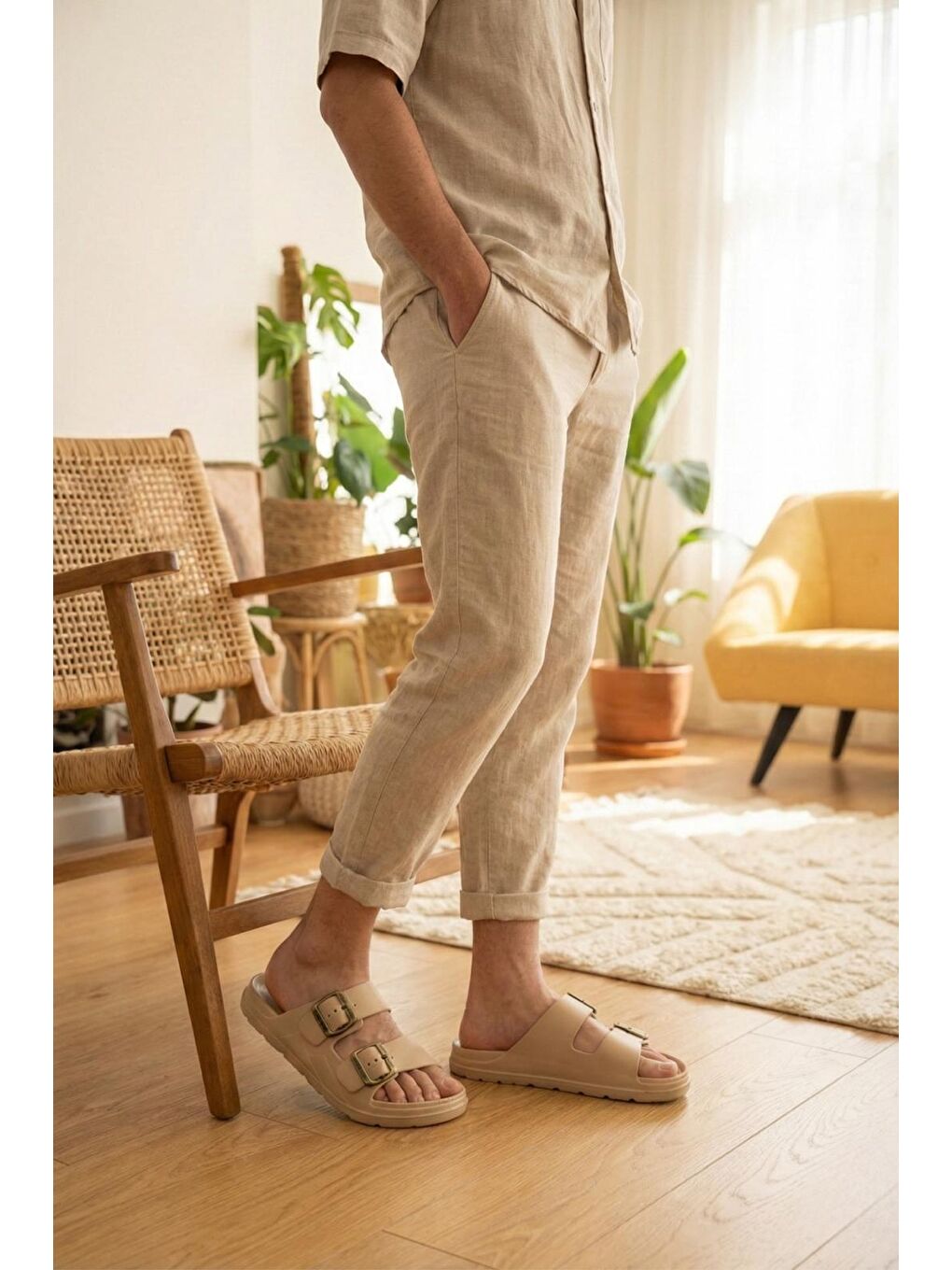 Bej Polley Erkek Çift Eskitme Tokalı Anatomik Tabanlı Günlük ve Plaj Terliği - Suya Dayanıklı Konfor Mod-1