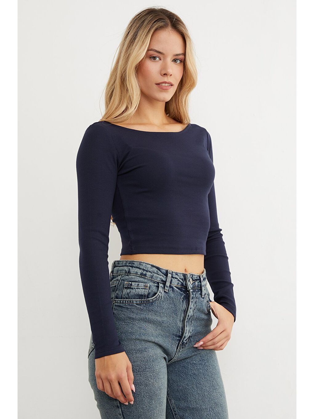 Lacivert Basic Kayık Yaka Modal Bluz-1