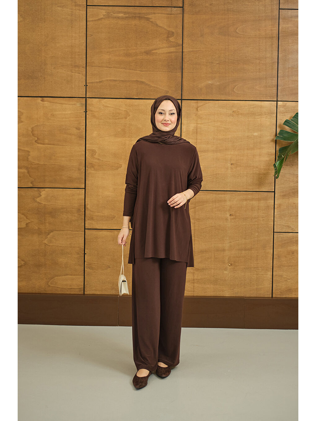 Kahverengi Kadın Yanları Yırtmaç Detay İkili Takım Acı Kahve-1