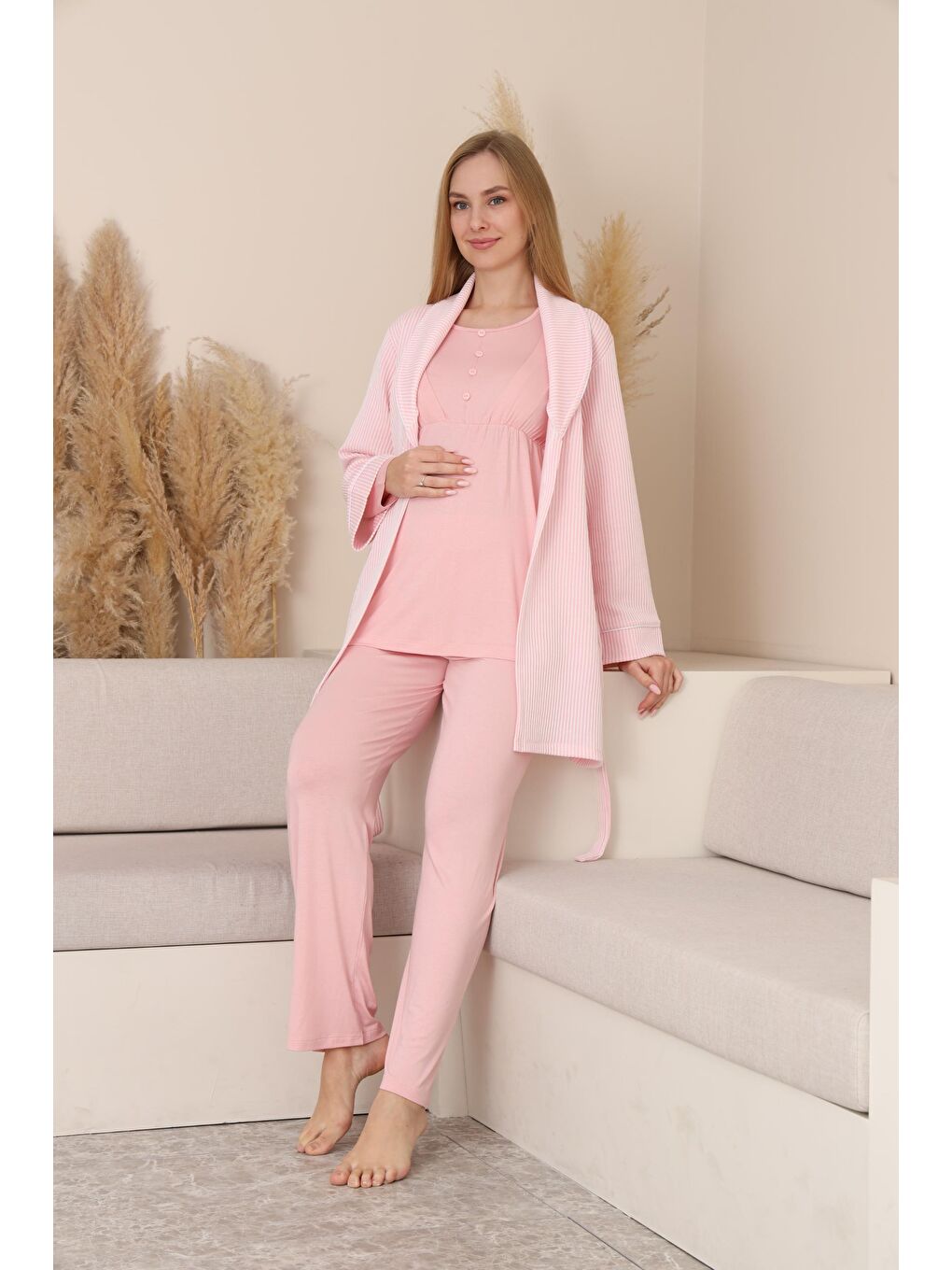 Pembe Çizgili Sabahlıklı Emzirmeye Uygun Hamile ve Lohusa Pijama Takımı-1