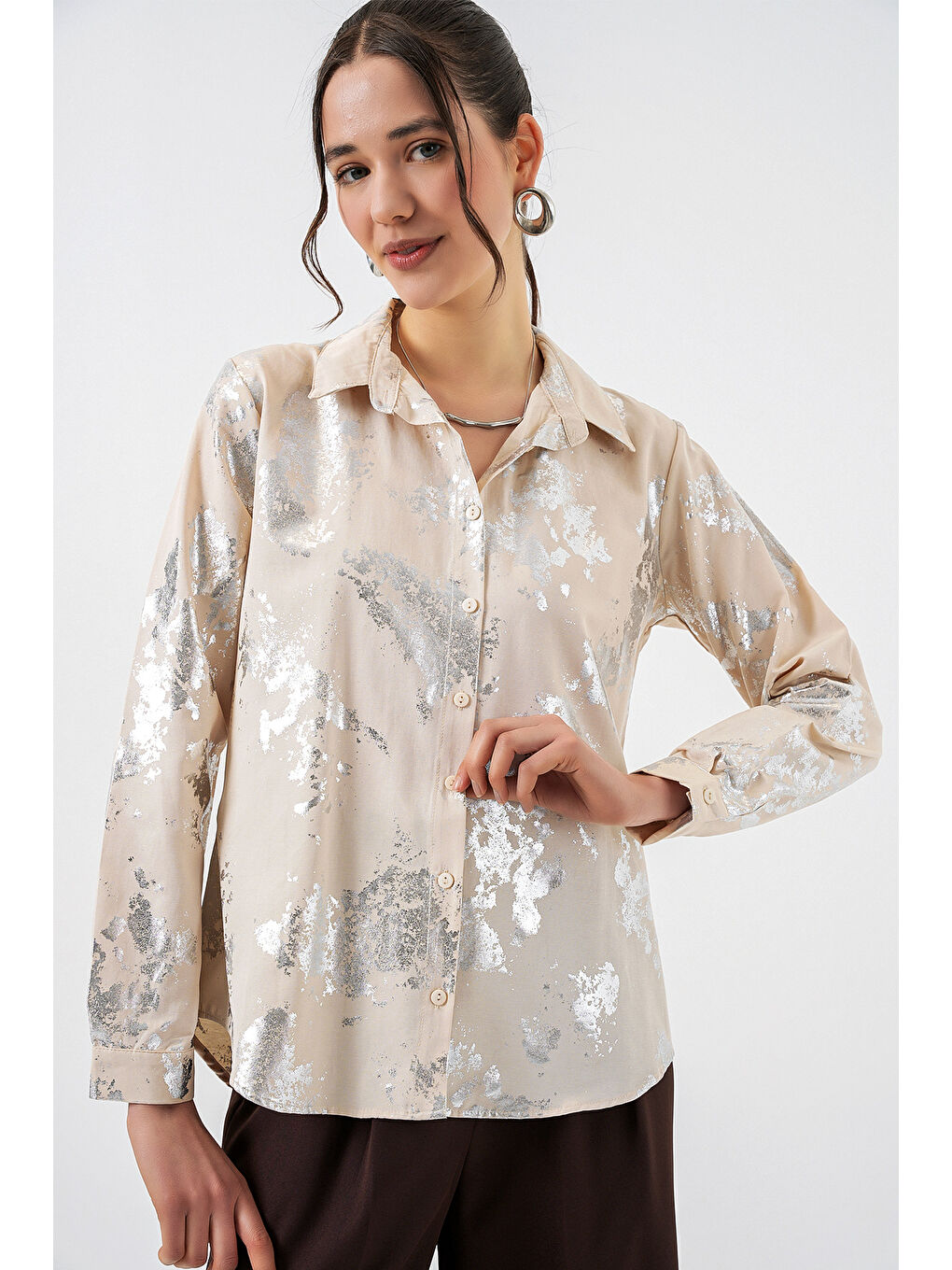 Ekru Kadın Varak Desenli Gömlek 20253 - A.KREM-2