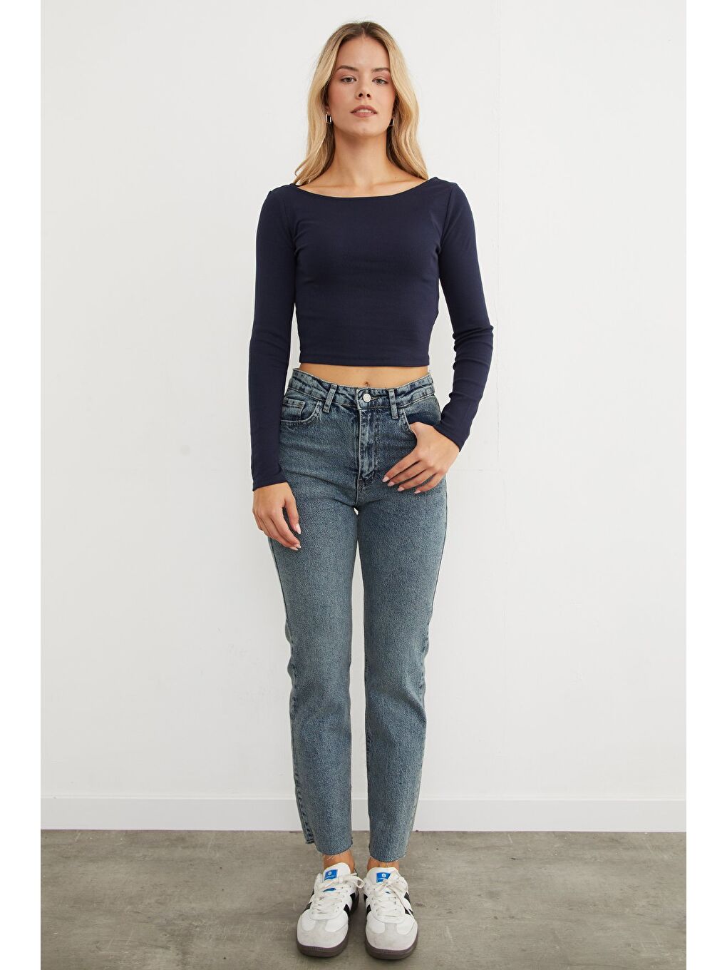 Lacivert Basic Kayık Yaka Modal Bluz-2