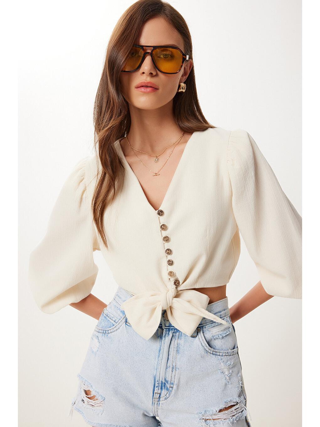 Ekru Bağlama Detaylı Crop Keten Bluz KREM HBV0007