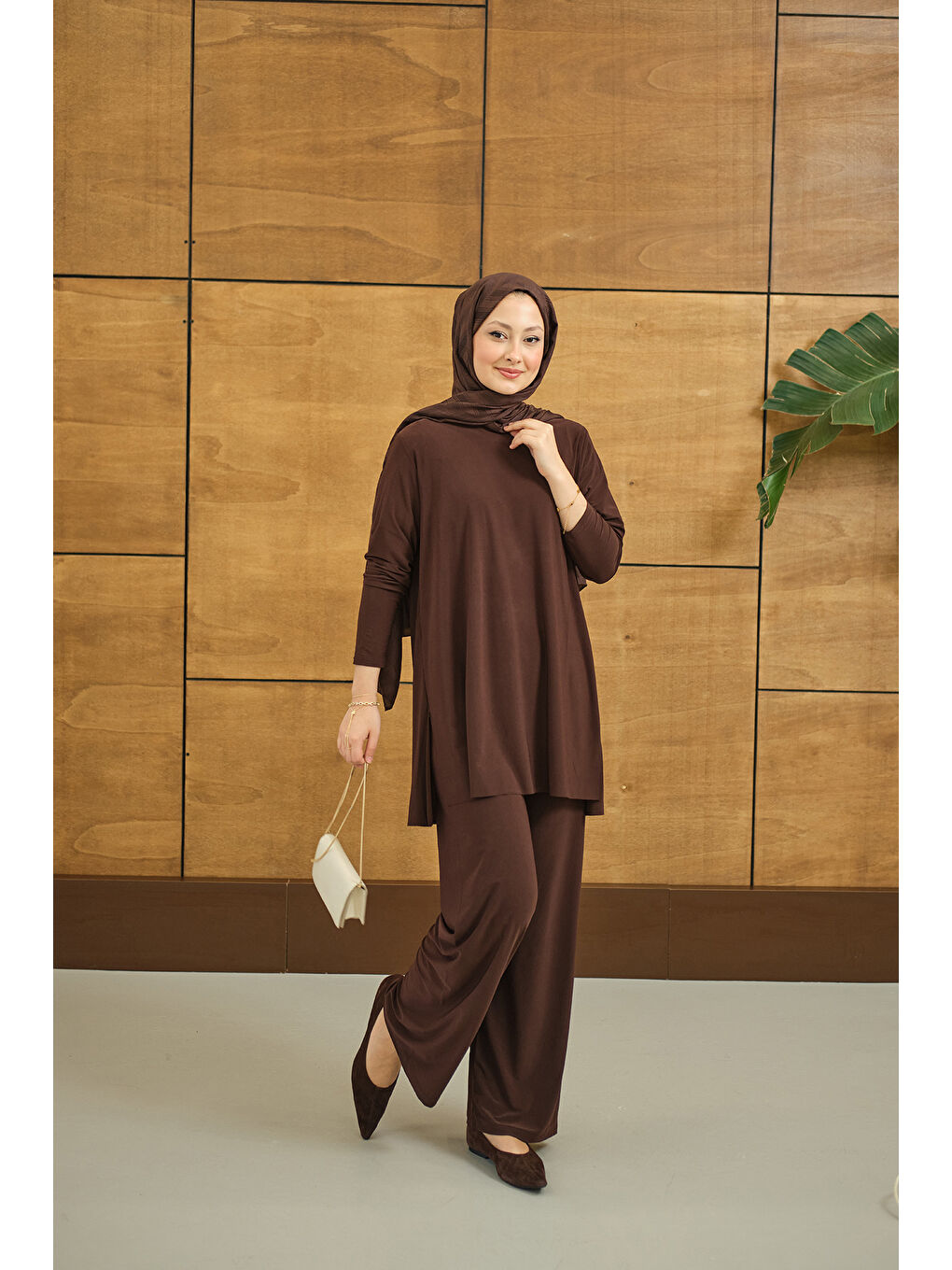 Kahverengi Kadın Yanları Yırtmaç Detay İkili Takım Acı Kahve-2