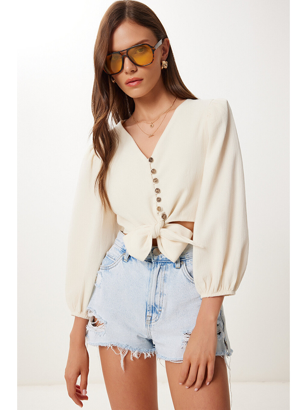 Ekru Bağlama Detaylı Crop Keten Bluz KREM HBV0007-1