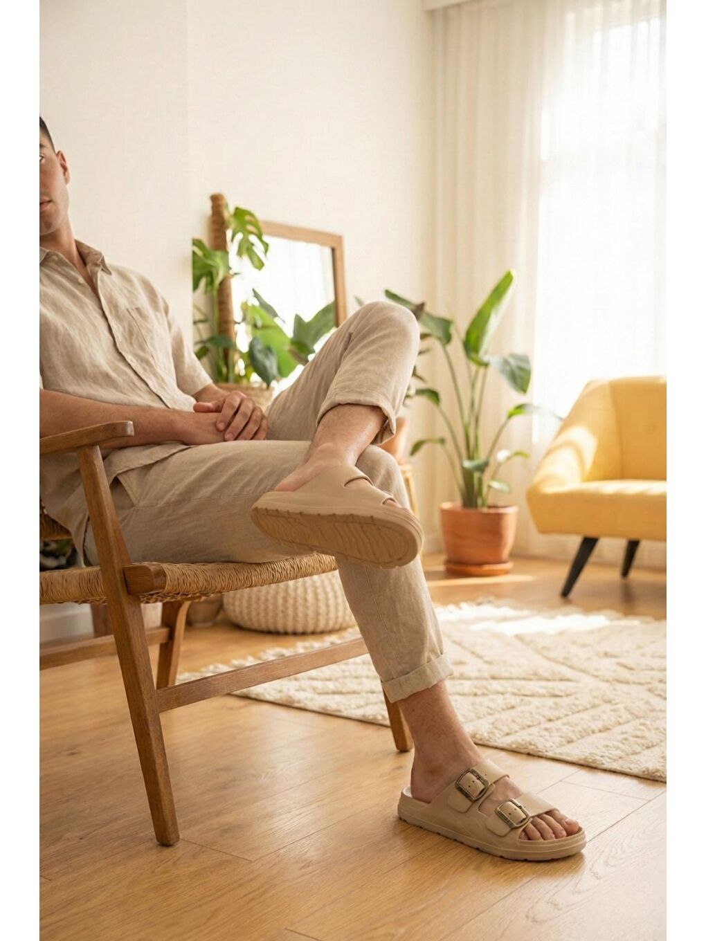 Bej Polley Erkek Çift Eskitme Tokalı Anatomik Tabanlı Günlük ve Plaj Terliği - Suya Dayanıklı Konfor Mod-2