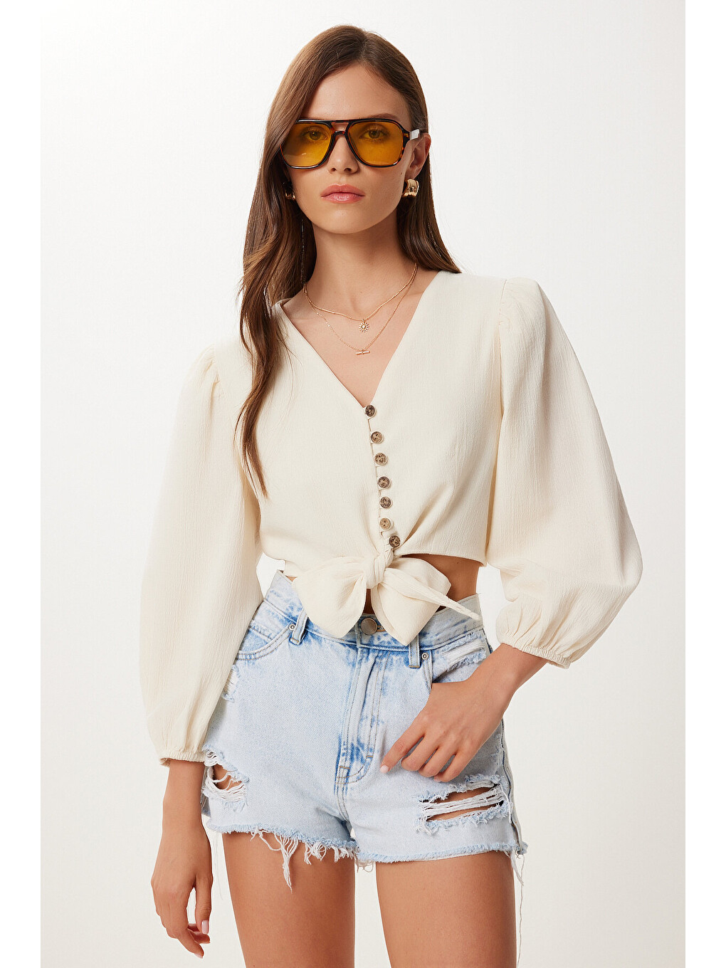 Ekru Bağlama Detaylı Crop Keten Bluz KREM HBV0007-2