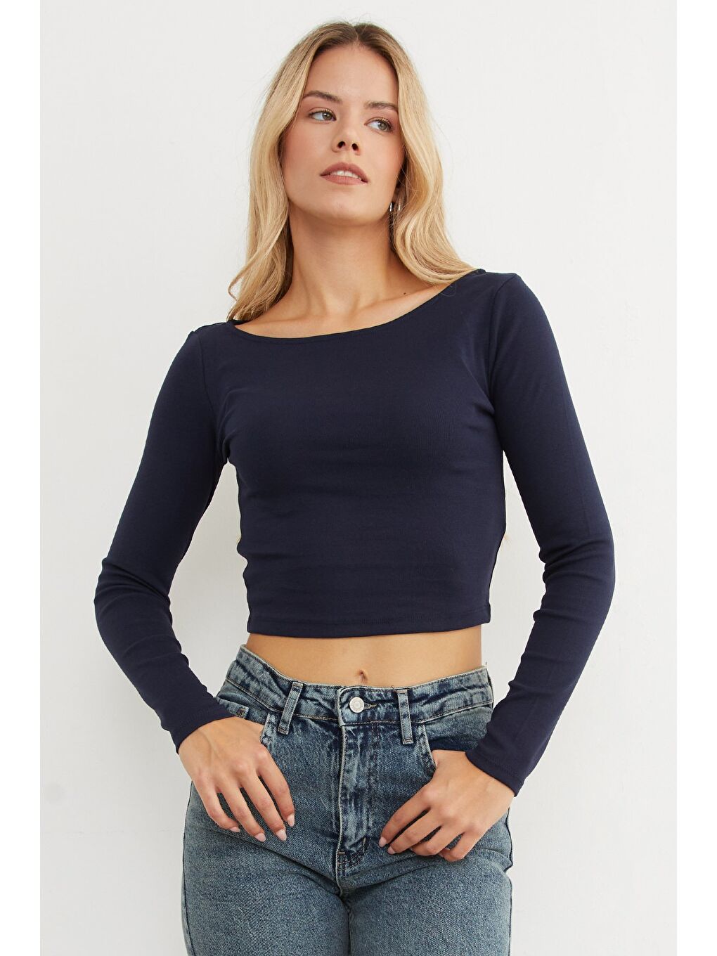 Lacivert Basic Kayık Yaka Modal Bluz-3