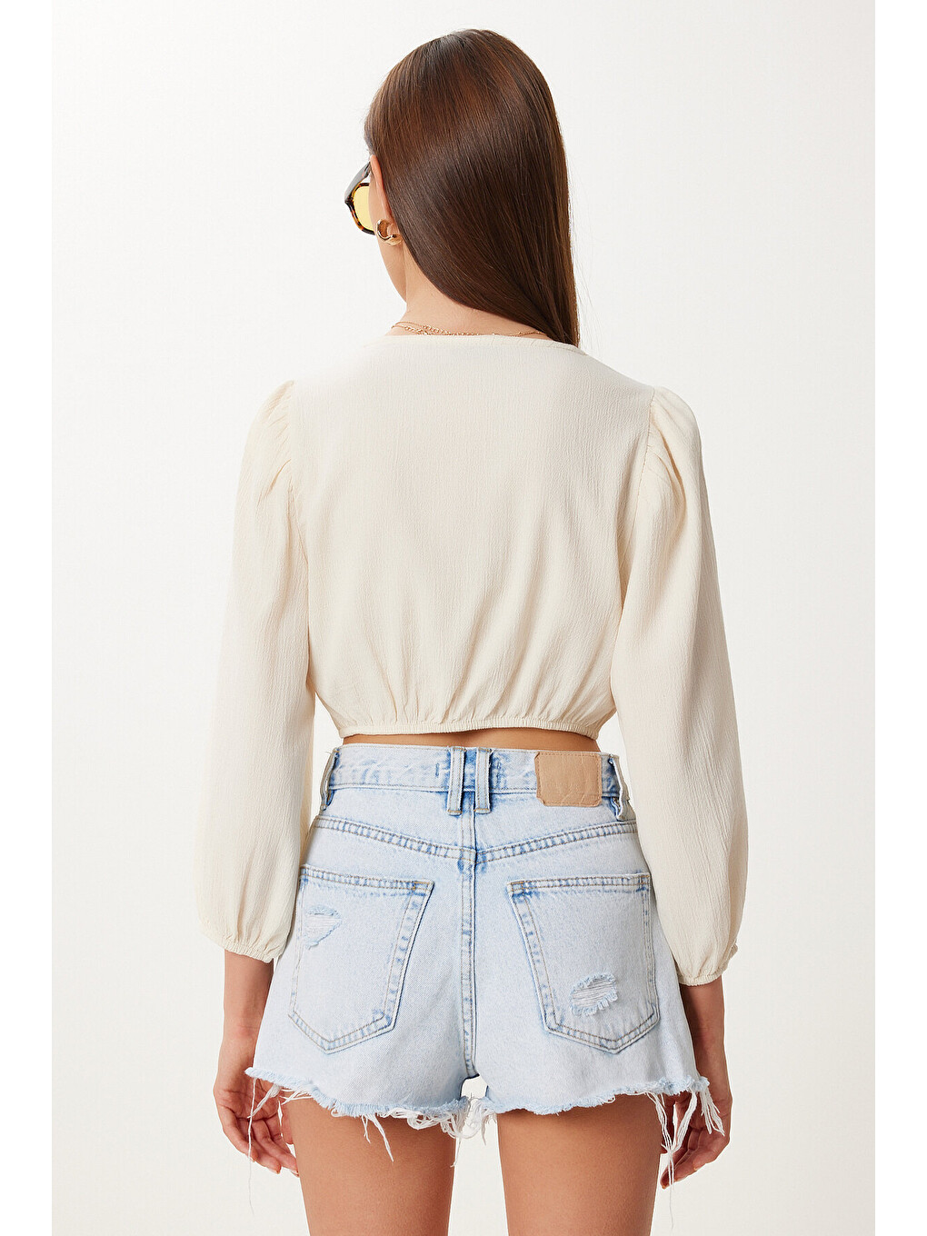 Ekru Bağlama Detaylı Crop Keten Bluz KREM HBV0007-3