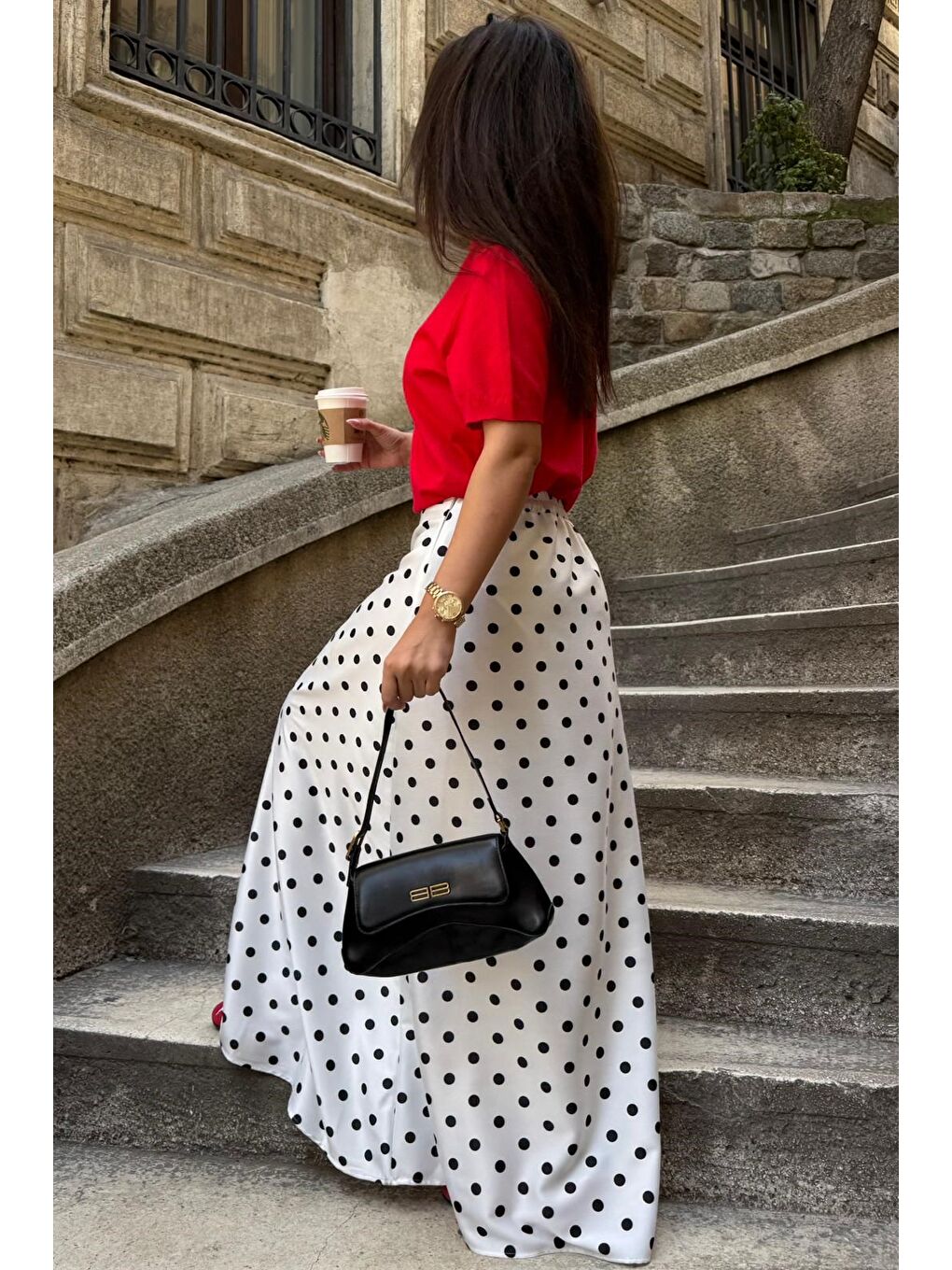 Beyaz Puantiyeli Maxi Kadın Saten Etek Mg2725-2