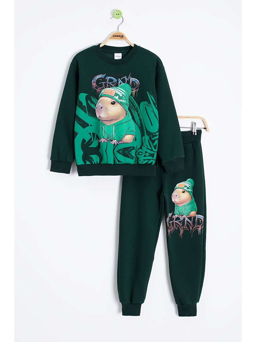 Yeşil Cool Fare Baskılı Şardonlu Erkek Çocuk Eşofman Takımı 23293