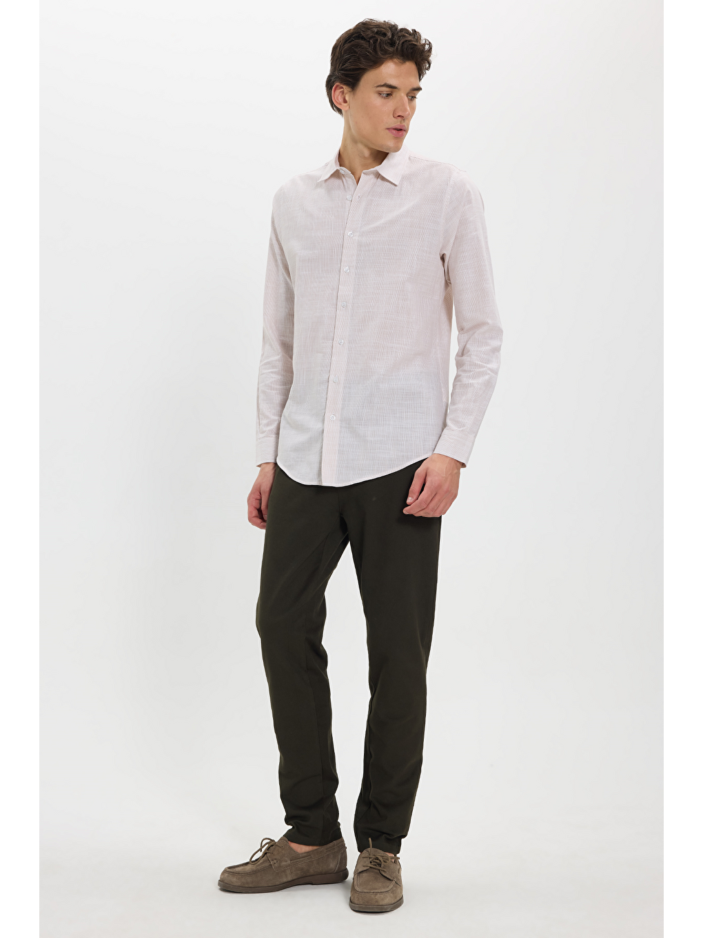 Erkek Slim Fit Dar Kesim %100 Pamuk Uzun Kollu Keten Efektli Bej Gömlek-1