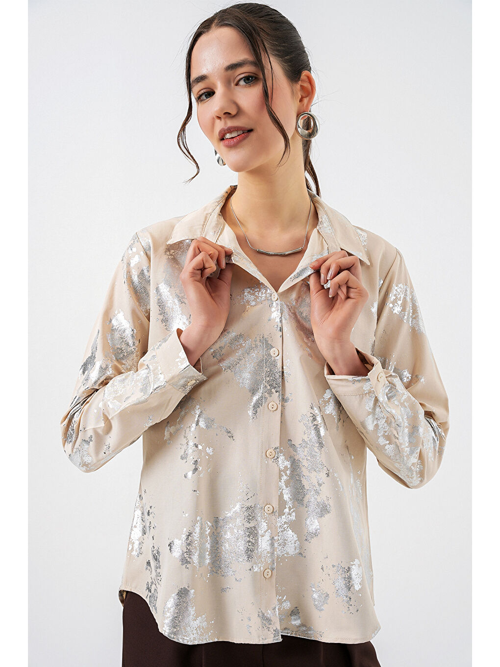 Ekru Kadın Varak Desenli Gömlek 20253 - A.KREM-3