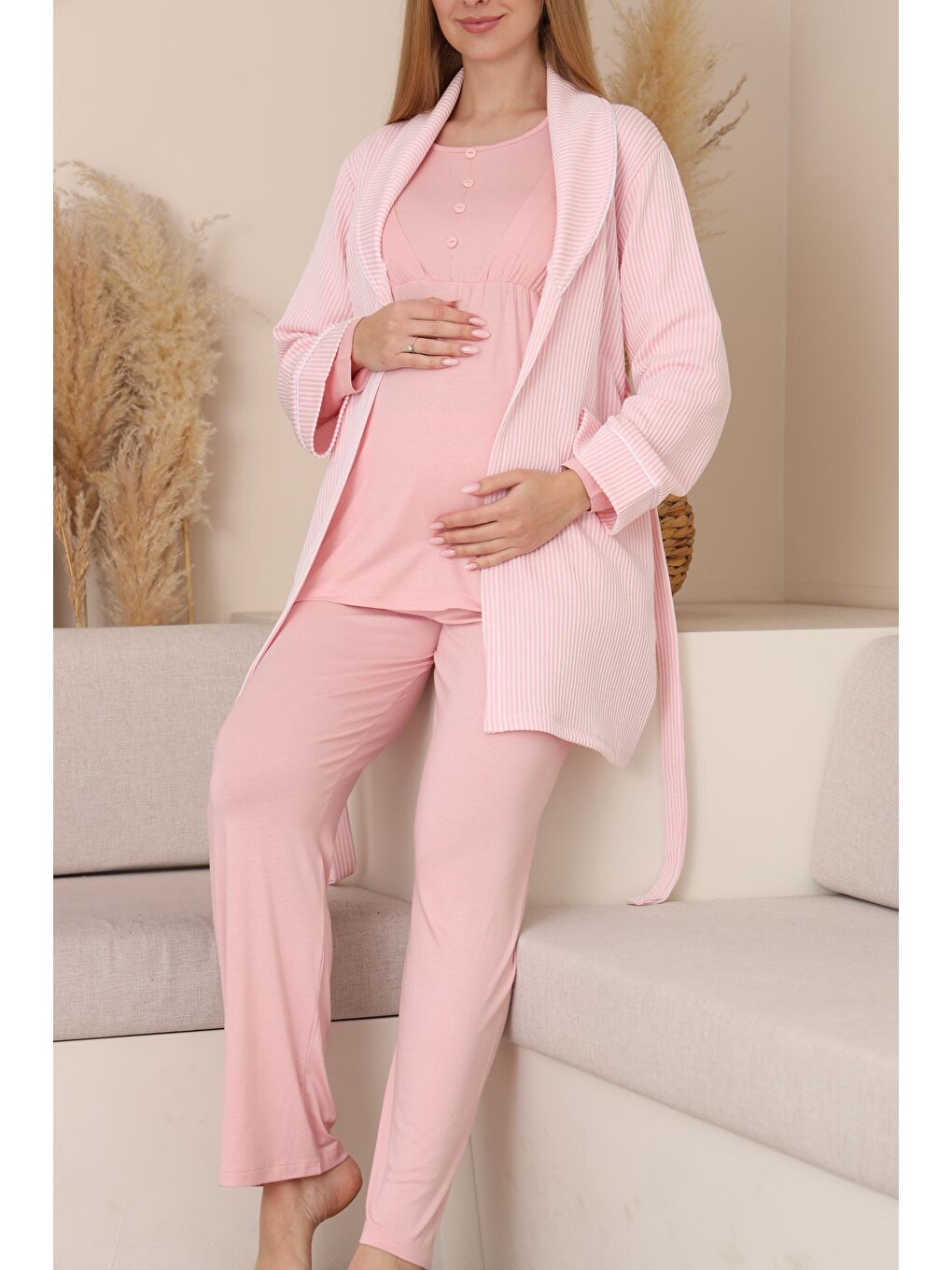 Pembe Çizgili Sabahlıklı Emzirmeye Uygun Hamile ve Lohusa Pijama Takımı-2