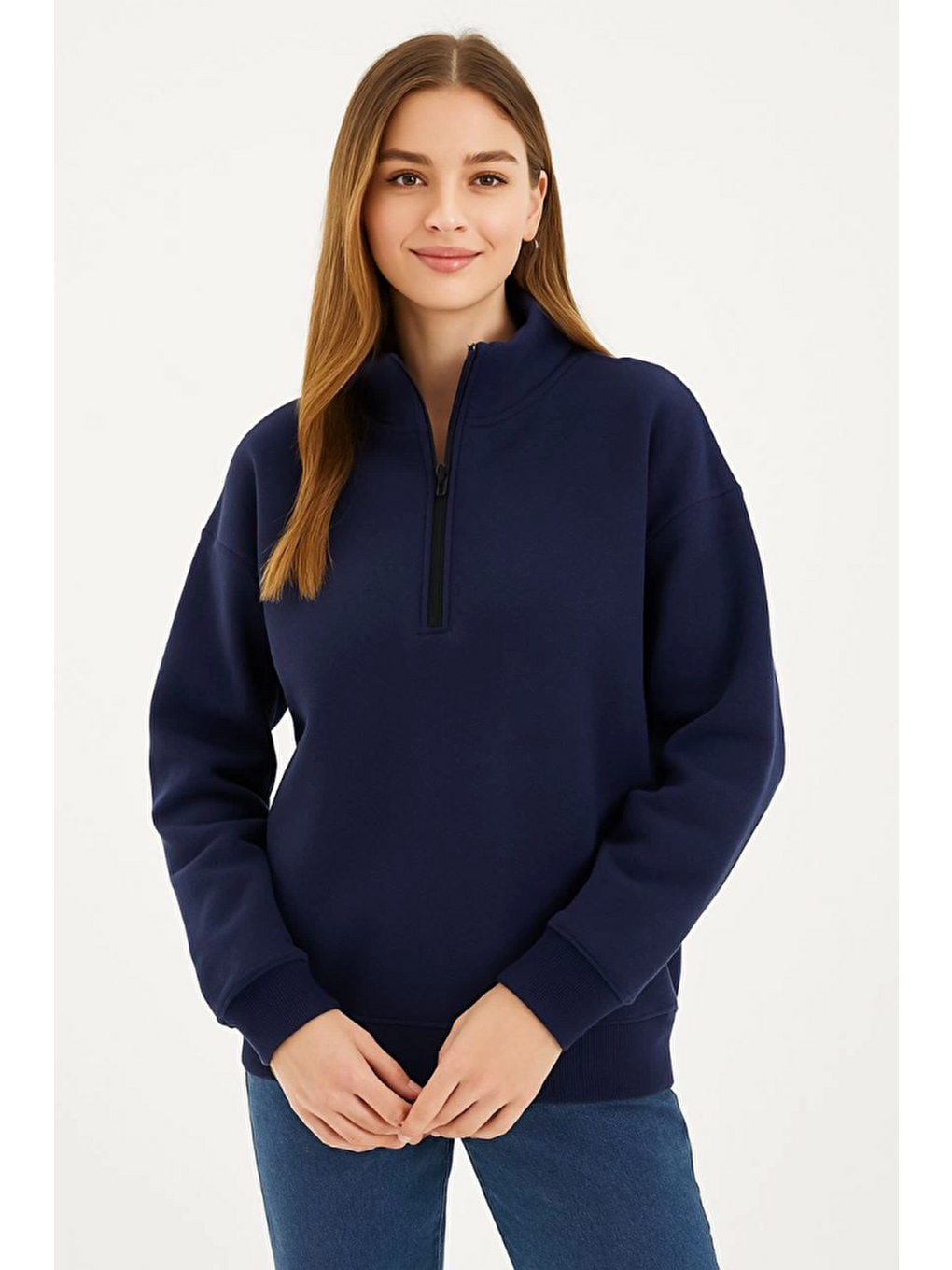 Üç İplik Dık Yaka Yarım Fermuarlı Sweatshirt - Lacivert-1