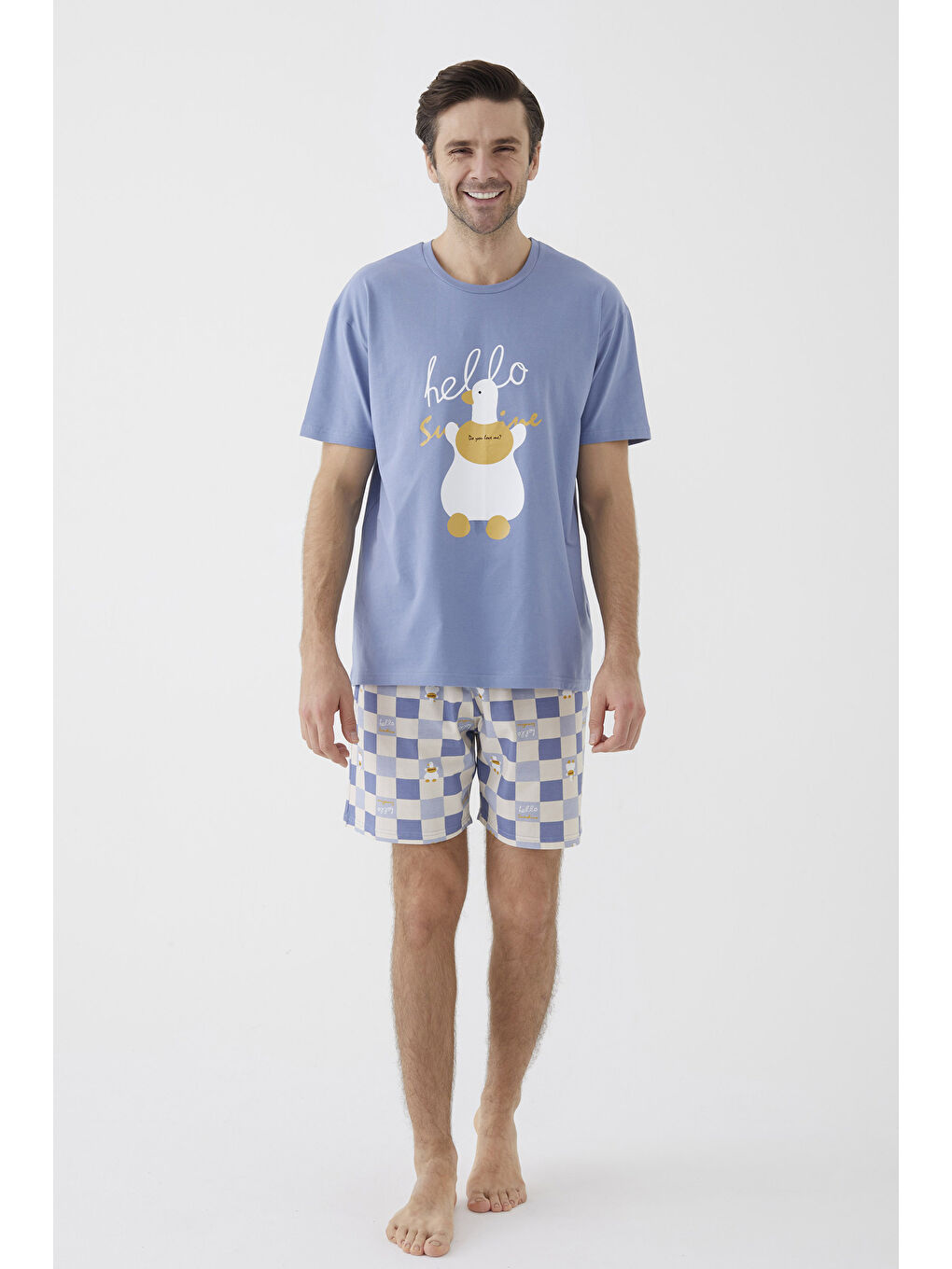 Mavi Erkek Kısa Kollu Pamuklu Ekose Desenli Ördek Baskılı %100 Pamuk Şortlu Pijama Takımıı