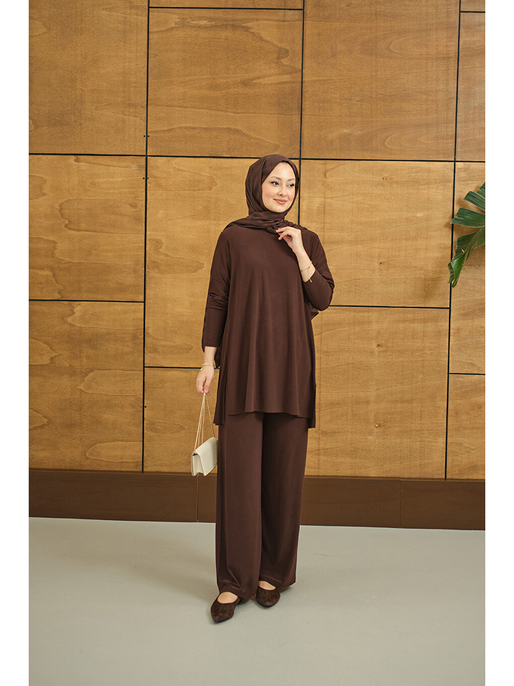 Kahverengi Kadın Yanları Yırtmaç Detay İkili Takım Acı Kahve-3