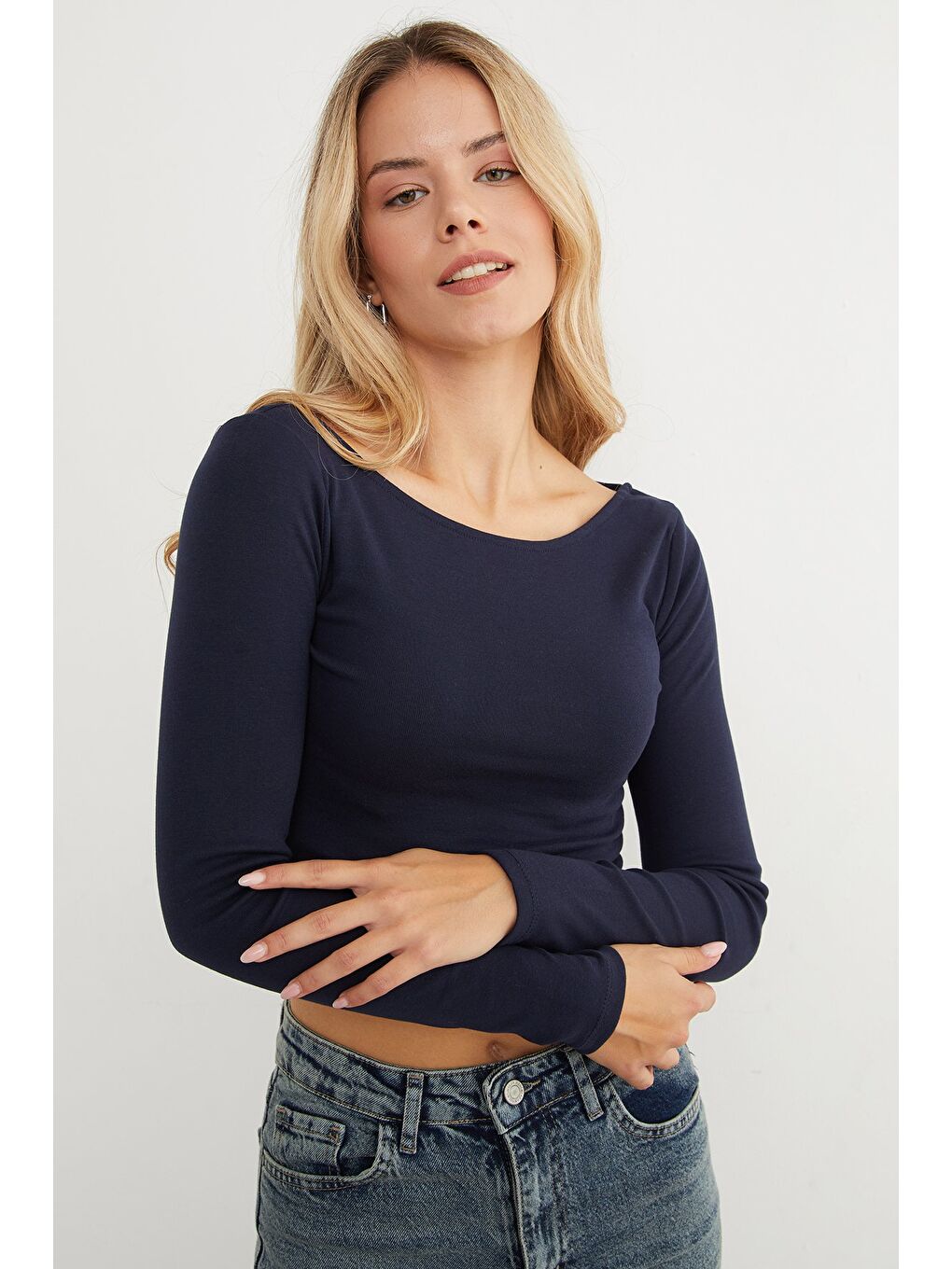 Lacivert Basic Kayık Yaka Modal Bluz-4