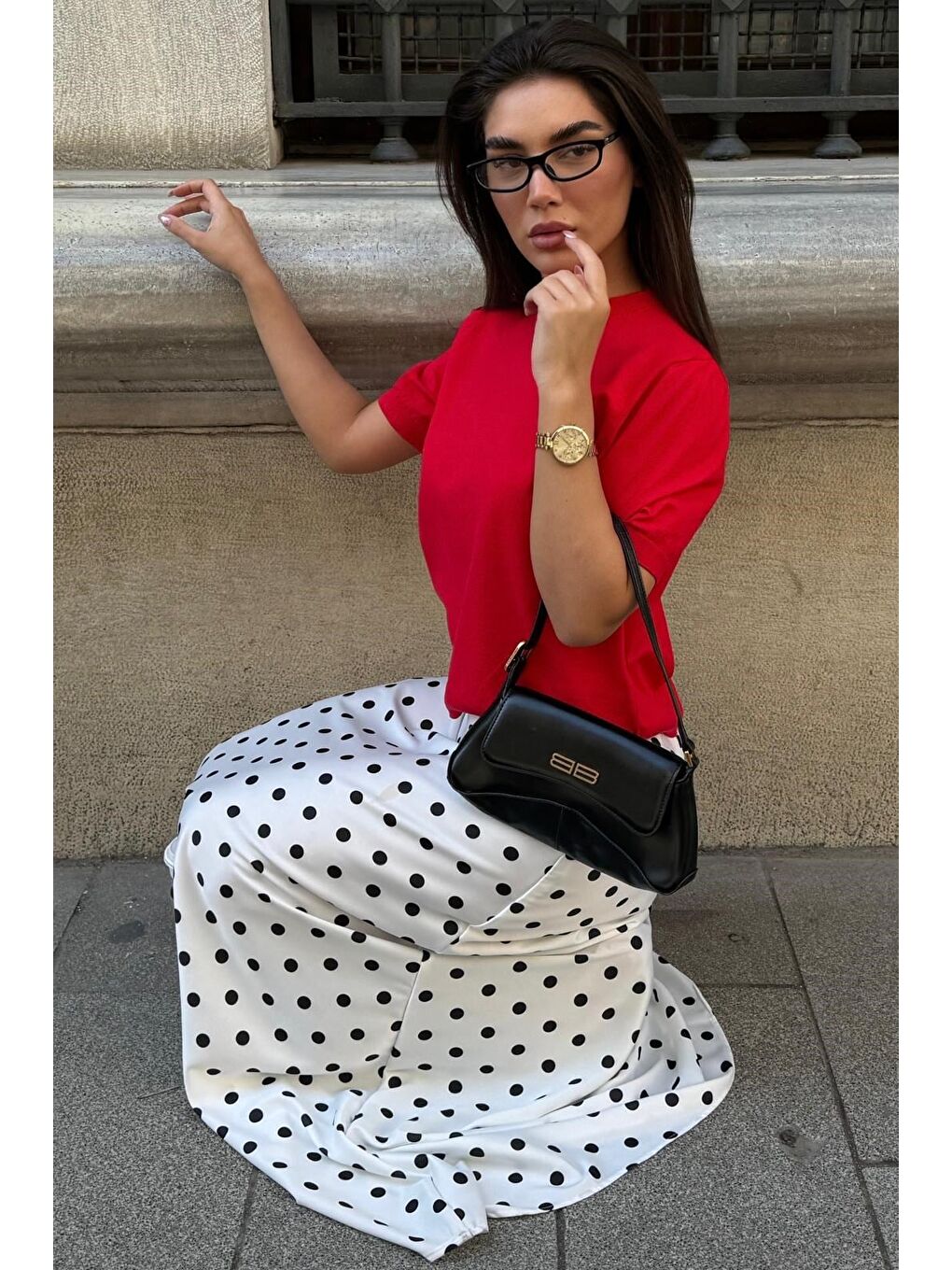 Beyaz Puantiyeli Maxi Kadın Saten Etek Mg2725-3