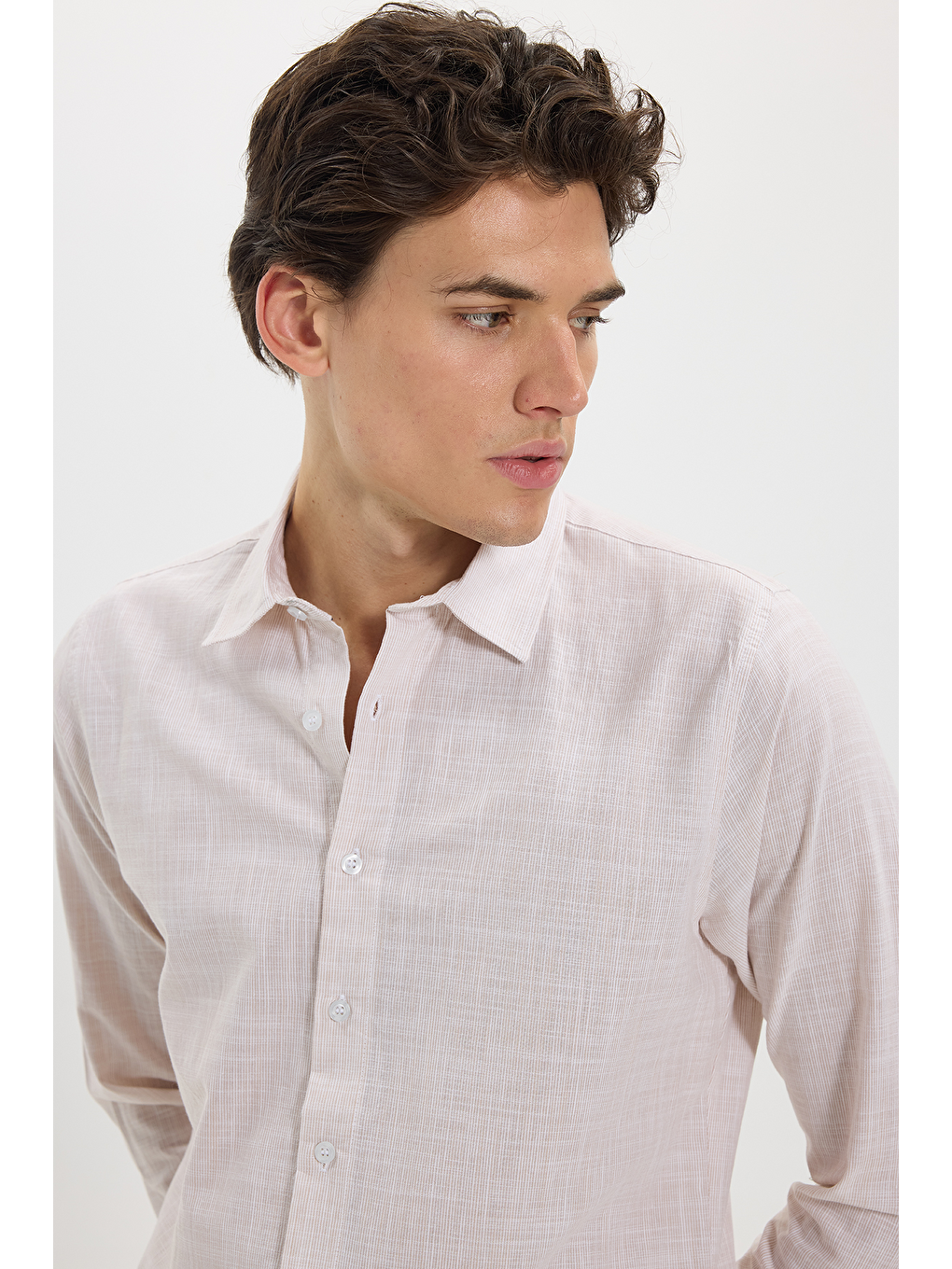 Erkek Slim Fit Dar Kesim %100 Pamuk Uzun Kollu Keten Efektli Bej Gömlek-2