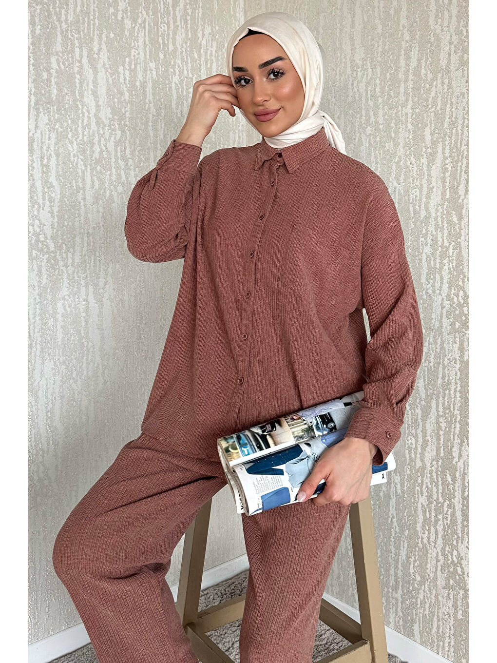 Kahverengi Gömlek Pantolon Bürümcük Tesettür İkili Takım