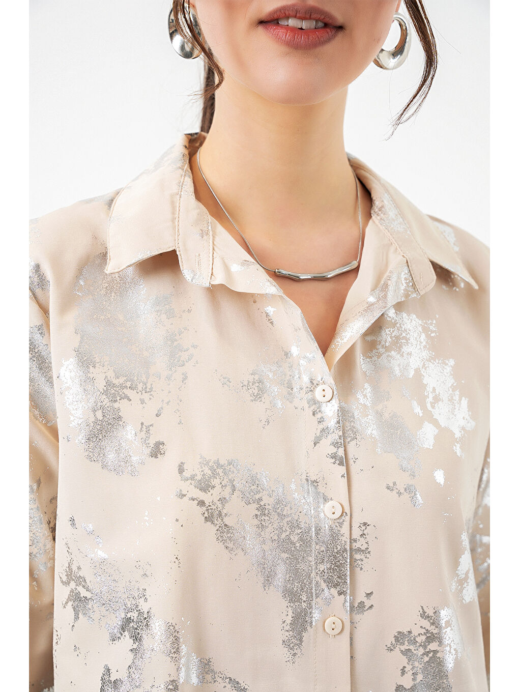 Ekru Kadın Varak Desenli Gömlek 20253 - A.KREM-4